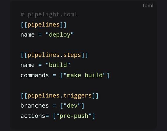 A pipelight.toml config file that triggers cmake (in the background) on every git push to dev branch.