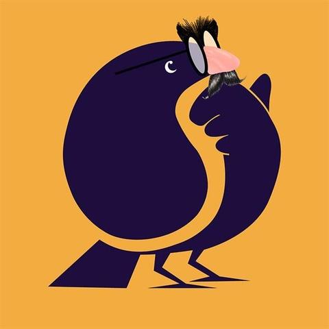 Ein stillisierter, violetter Vogel vor orangenem Hintergrund trägt eine Brille mit falscher Nase und falschem Schnauzbart.