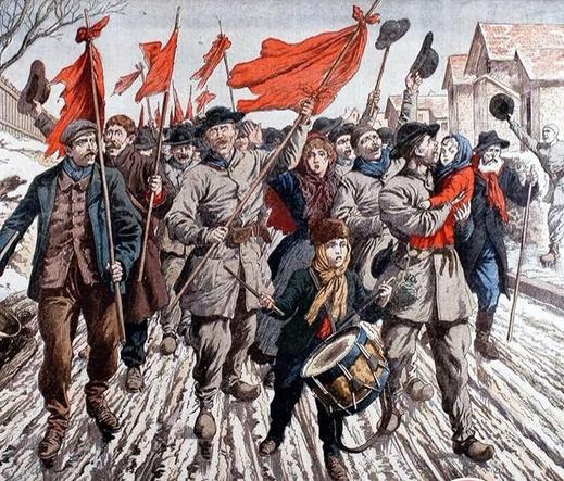 Couverture du roman germinal de Zola : des mineurs et leur famille, portant des drapeaux rouges marchent vers la mine.