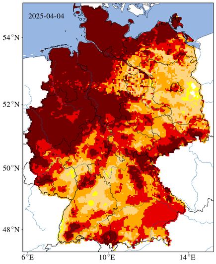 Darstellung der Dürre im Oberboden bis 25cm mit Stand 04. April 2025. Demnach sind weite Teile Deutschlands aktuell von einer großen Trockenheit betroffen.