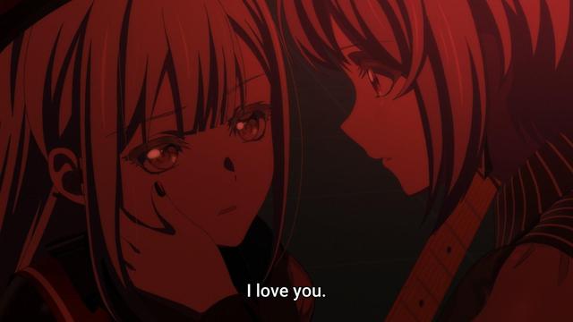 A red-light only version of two chicks. Mutsumi/Mortis, on left has her face touched by Nyamu on right.
The latter's subtitles read "I love you".