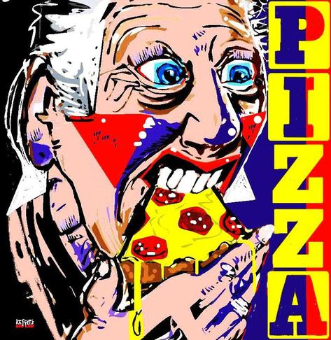 Deckel eines Pizzakartons. Der Kopf eine Frau ist zu sehen. Sie beisst mit ihren großen Zähnen und mit aufgerissenen Augen in ein Stück Pizza. Auf ihre die Pizza haltende Hand tropft Käse. Schade, dass du sehbehindert bist, sonst würdest du beim Anblick dieser Pizza verzehrenden Frau, sofort in die nächste Pizzeria stürmen!    