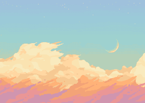 A sunset landscape of clouds going from off white to purple. The moon is visible along with a few stars.