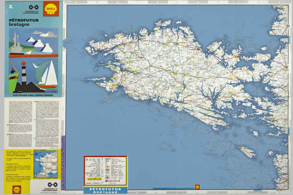 Petrofuture Brittany — 66m sea level rise on a 1969 Shell gas station map. It becomes hundreds of bay and islands. 