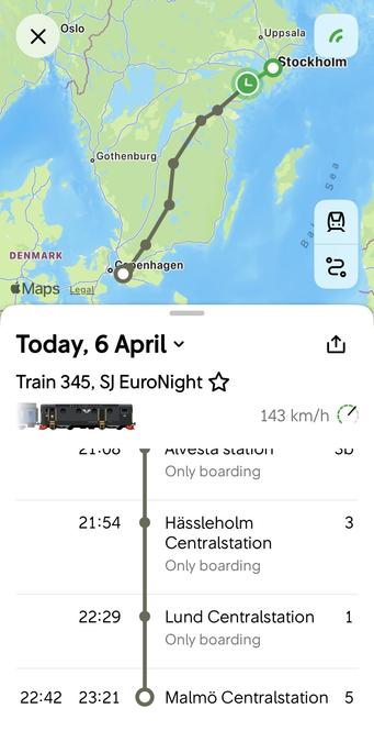 SJ app: a map on the top half shows a path from Stockholm to Malmö. On the bottom half, a timetable with no items after Malmö.