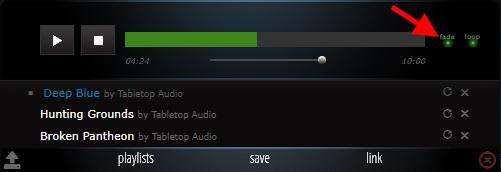 screenshot of the audio player on tabletopaudio.com showing the new fade button.