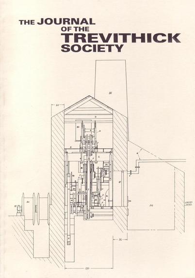 The front cover of the Journal of the Trevithick Society No 23 for 1996. Plain cream with title in black and a large illustration of a cross section through the engine house of a Cornish tin or copper mine by Courtney Rowe, below.