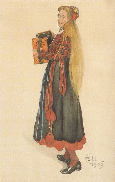 Junge Frau in schwedischer Tracht spielt Akkordeon. Bild von Carl Larsson 1909.