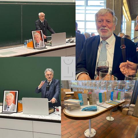 Commemorative symposium for Franz Effenberger, April 4, 2025, in Stuttgart. From top left: Dieter Jahn, Peter Menzel, Wolfgang A. Herrmann, and the LiC book table.