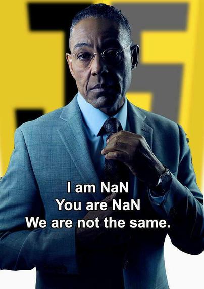 The Giancarlo Meme about “we are not the same” usually is set up to highlight one’s intent/motivation being different from someone else’s. 

This one has a giant Javascript logo behind him and it says:

I am NaN
You are NaN
We are not the same.

Which is a play on the usual punchline wrt the non-equivalence of the not a number value even to itself