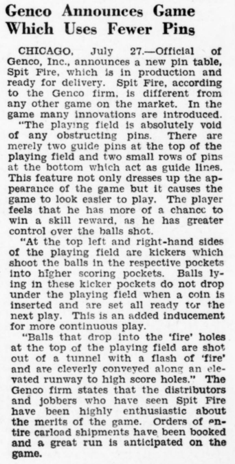 1935-08-03 The Billboard pg 68. Announcement for Genco's Spit Fire, emphasizing its minimal use of pins.