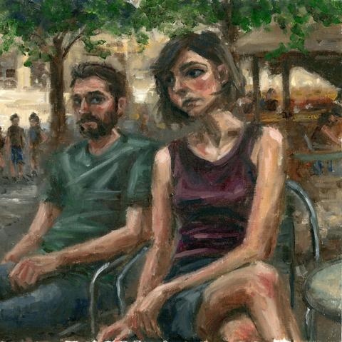 oil painting of a man and woman sitting at an outdoor cafe 