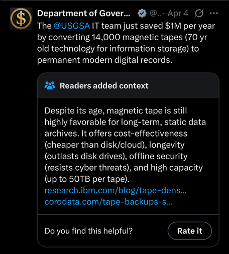 A tweet from DOGE

The @USGSA IT team just saved $1M per year
by converting 14,000 magnetic tapes (70 yr
old technology for information storage) to
permanent modern digital records.

Below it is a community note. 

Despite its age, magnetic tape is still
highly favorable for long-term, static data
archives. It offers cost-effectiveness
(cheaper than disk/cloud), longevity
(outlasts disk drives), offline security
(resists cyber threats), and high capacity
(up to 50TB per tape).