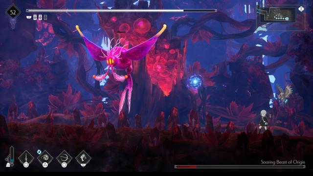 Videogame screen shot in 2D. Kid in black and their owl face off against a giant, pink, three-eyed butterfly-like creature in a lush red forest.