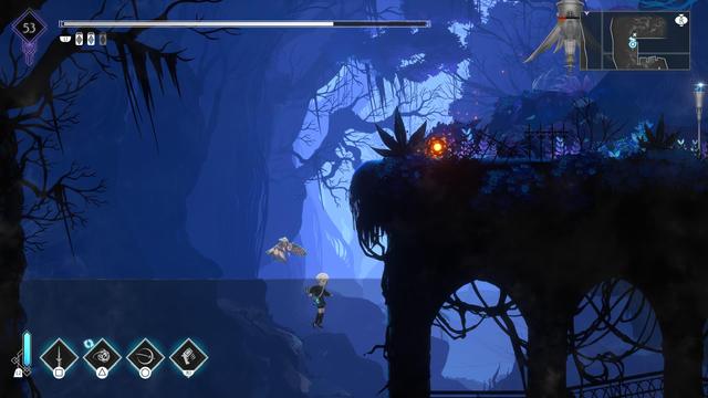 Videogame screen shot in 2D. Kid in black and their owl, kid is swmming in amongst a tangled deep blue forest. A mechanized drone is firing at them.