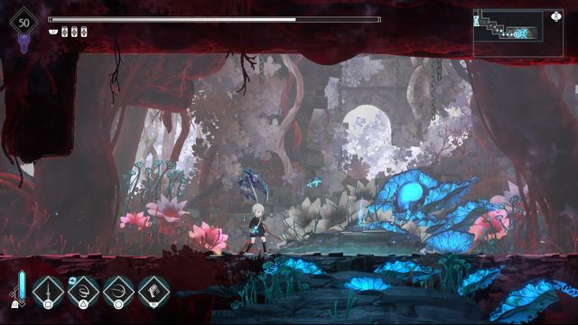 Videogame screen shot in 2D. Kid in black and their owl  in a surreal underground forest full of huge blue and pink flowers