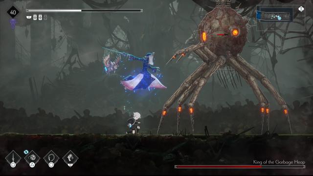 Videogame screen shot in 2D. Kid in black and their owl  fighting a spherical boss creature with spiderlike legs called King of the Garbage Heap. A woman dressed in blue is leaping to attack the creature with a blade. Dingy garbage-strewn backdrop.