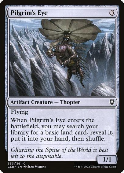 Card Name: Pilgrim's Eye
Set: Commander Legends: Battle for Baldur's Gate
Description: Flying
When this creature enters, you may search your library for a basic land card, reveal it, put it into your hand, then shuffle.
Artist: Sean Murray
