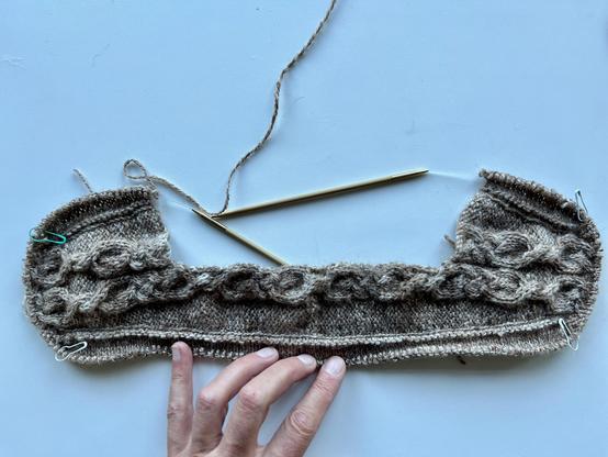 Shoulder part of a cardigan on bamboo circular knitting needles with the bottom edge held flat by fingers of a hand. It has two braided cables running from the middle out to the shoulder caps and a ridge between the shoulder part and the beginning of the stockinette stitch back and two fronts. There are bulb stitch markers at the for corners to indicate the place for increases on the way down.