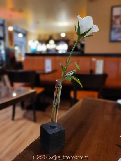 Das Foto wurde in Leipzig aufgenommen – in der traditionsreichen Kümmel-Apotheke, die heute ein charmantes Café ist.
Im Mittelpunkt des Bildes steht eine einzelne weiße Rose mit grünem Stiel und zarten Blättern. Sie steckt in einer schmalen, zylindrischen Glasvase, die von einem schwarzen, würfelförmigen Sockel getragen wird. Die Vase steht auf einem dunklen Holztisch.

Im Hintergrund sieht man verschwommen die warm ausgeleuchtete Café-Atmosphäre: orange-braune Polsterbänke, weiches Licht, einige Tische und eine Theke mit leuchtenden Lampen. Alles wirkt ruhig, fast andächtig – als würde die Rose diesen stillen Moment ganz für sich beanspruchen.

Am unteren Bildrand steht in verspielter Schrift: „F.Loki ~ Enjoy the moment“.