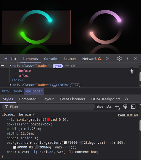 Screenshot with DevTools open, showing each loader being created with only 1 div and its 2 pseudos.