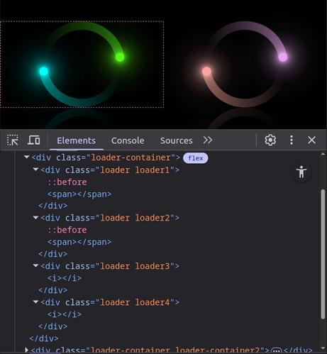 Screenshot with DevTools open, showing each loader being created with a div with 4 other nested div elements, 2 span elements, 2 i elements and 2 pseudos inside.