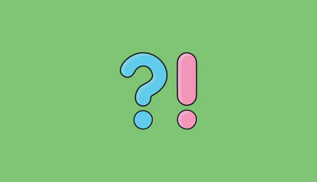 A large question mark in two shades of blue and a large exclamation mark is in two shades of pink. Both sit on a green background.