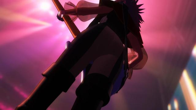 Umiri Yahata/Timoris, a brown haired chick, playing the guitar.

However, this shot is from the ground, and focused on her butt and the colors in the air.