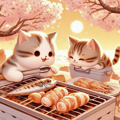 桜が舞う丘の上で、子猫達が仲良くバーベキューを楽しんでいる。