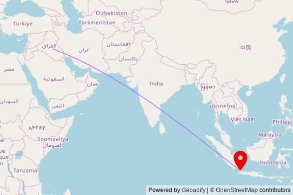 A map showing the great circle route from Hindiya in Iraq to a map pin at Masjid Al Amin, Jalan Asmin II, Ciracas, East Jakarta 13830, Java, Indonesia