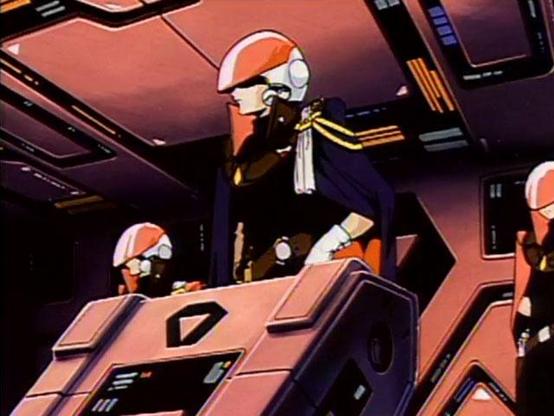 an image of a man on the deck of a space ship, wearing military dress,, a large red and white helmet with visor on his head , other soldiers around him 