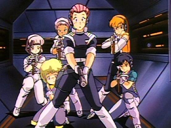 the hero girls, in a hallway on a spaceship, their weapons drawn, a confused look on half their faces 