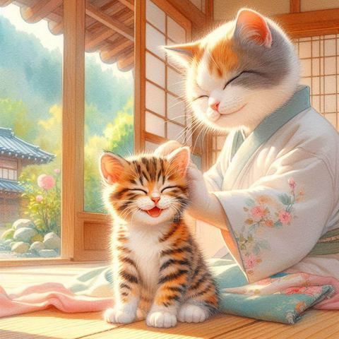 春の柔らかな光が差し込む古民家の和室で、白衣を着た三毛猫の指圧師が茶トラの子猫にマッサージを施し、子猫が気持ち良さそうに微笑む癒しの情景。