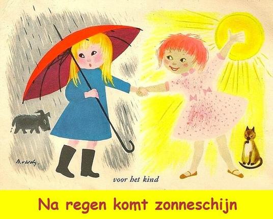 Na regen komt zonneschijn
☔ Betekenis : Na een periode van tegenslag komt er een betere tijd. / Voorspoed volgt op tegenspoed / Als er wat naars is gebeurd, wordt het daarna weer beter / Na slechte tijden komen er altijd wel weer goede tijden / Na slechte dagen of tijden breken ook wel weer betere tijden aan.
☔ Engels ; English : After a storm (comes) a calm. /  After rain comes sunshine.
☔ Frans ; français : Après la pluie, le beau temps.
☔ Duits ; Deutsch : Auf Regen folgt Sonnenschein.
☔ Italiaans ; italiano : Dopo la pioggia c’è sempre l`arcobaleno. / Dopo la pioggia arriva sempre il sole.
☔ Portugees ; português : Depois da tempestade, vem a bonança.
☔ Spaans ; español : Después de la lluvia sale el sol.
