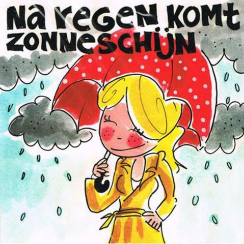 Na regen komt zonneschijn
☔ Betekenis : Na een periode van tegenslag komt er een betere tijd. / Voorspoed volgt op tegenspoed / Als er wat naars is gebeurd, wordt het daarna weer beter / Na slechte tijden komen er altijd wel weer goede tijden / Na slechte dagen of tijden breken ook wel weer betere tijden aan.
☔ Engels ; English : After a storm (comes) a calm. /  After rain comes sunshine.
☔ Frans ; français : Après la pluie, le beau temps.
☔ Duits ; Deutsch : Auf Regen folgt Sonnenschein.
☔ Italiaans ; italiano : Dopo la pioggia c’è sempre l`arcobaleno. / Dopo la pioggia arriva sempre il sole.
☔ Portugees ; português : Depois da tempestade, vem a bonança.
☔ Spaans ; español : Después de la lluvia sale el sol.