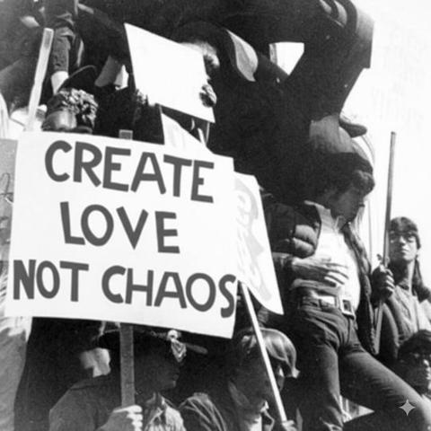 A black-and-white photograph of a group of people holding signs during a gathering. The most prominent sign reads, “CREATE LOVE NOT CHAOS,” written in bold, capital letters. The crowd appears engaged, with some individuals sitting and others standing, holding additional signs. The scene captures a moment of collective expression and solidarity.

AI altered image via aistudio.google.com