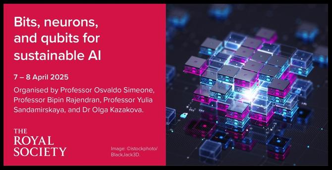 Graphic for Royal Society's 'Bits, neurons, and qubits for sustainable AI' conference (7-8 April 2025). Left panel: event details & logo on red background. Right panel: Abstract image of glowing, interconnected tech cubes on a circuit board.