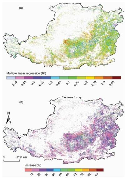 Spatial pattern of determination coefficient (R2) for multiple linear regression models of end of growing season (EOS) vs. temperature and precipitation with P < 0.05 significance level.