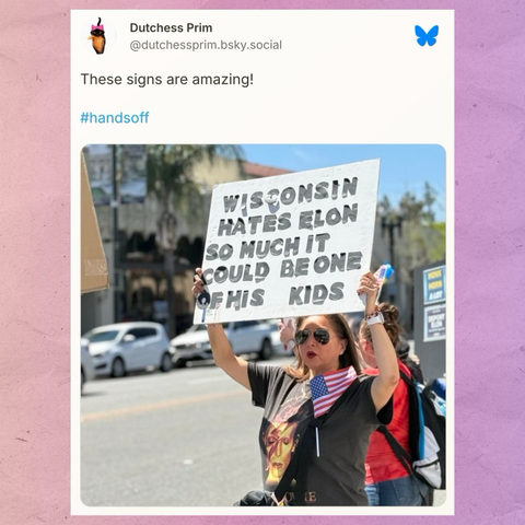 Dutchess Prim on Bluesky: “These signs are amazing! #handsoff” (above an image of a person holding a protest sign that reads “WISCONSIN HATES ELON SO MUCH IT COULD BE ONE OF HIS KIDS)