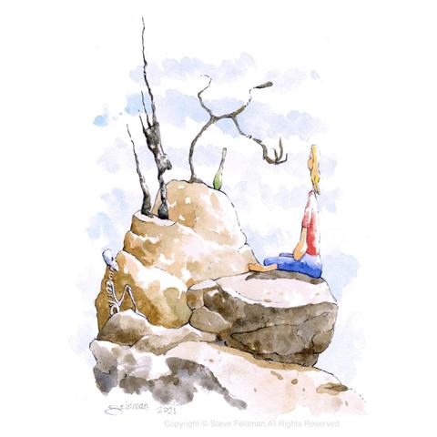 My watercolor painting titled The Little Skeleton from the Past Quietly Beckoning to the Future shows a woman sitting cross legged near the top of a cliff with a slim figure or maybe it is a a tree, beckoning while a small skeleton to her left sits watching her.