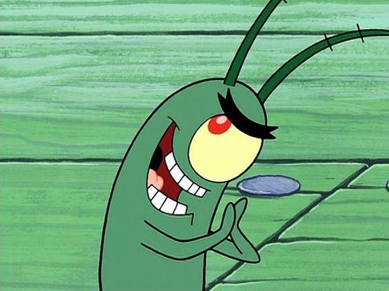 Plankton, a cartoon character from Spongebob SquarePants, smiling deviously while rubbing his hands together.