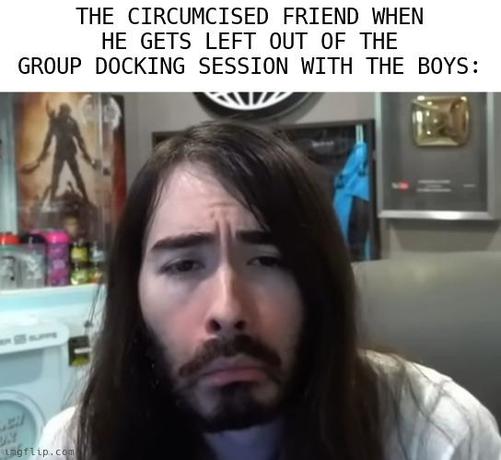 A meme of Penguinz0 looking cartoonishly sad, with the caption "The circumcised friend when he gets left out of the group docking session with the boys"
