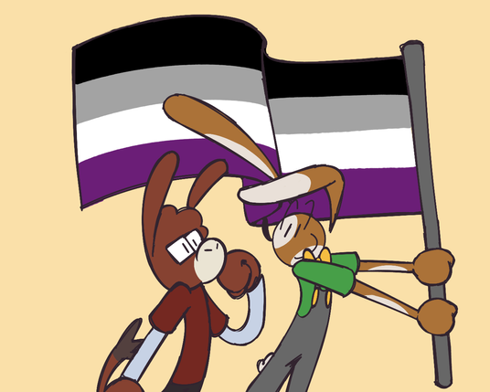 a rabbit holding an asexual flag while looking a donkey who is also looking at the flag