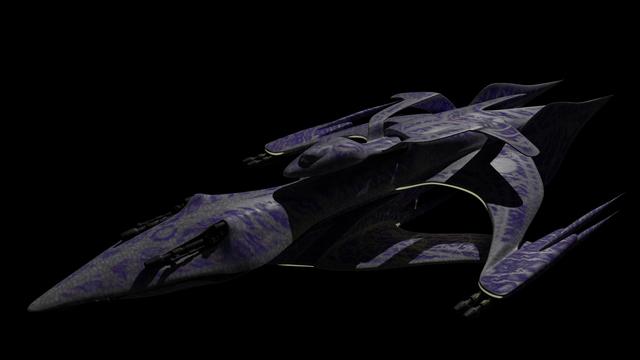 A fan-made 3D model of the White Star spaceship from Babylon 5. A sleek, organic ship with an animalistic shape resembling a bird or shark, it has smooth gray skin covered in mottled purple patterns with patches of blue, red, green, and gold flakes. A small set of windows are visible on a separate module above the main section of the ship.