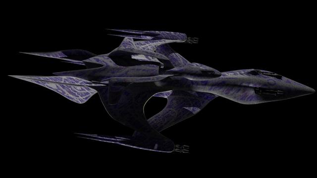 A fan-made 3D model of the White Star spaceship from Babylon 5. A sleek, organic ship with an animalistic shape resembling a bird or shark, it has smooth gray skin covered in mottled purple patterns with patches of blue, red, green, and gold flakes. Glowing strips along the leading edges of the wing cast yellow light across the ship.