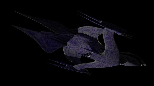 A fan-made 3D model of the White Star spaceship from Babylon 5. A sleek, organic ship with an animalistic shape resembling a bird or shark, it has smooth gray skin covered in mottled purple patterns with patches of blue, red, green, and gold flakes. Seen from below, a a large undercarriage connects the various sections of the ship. 