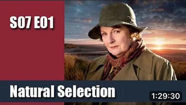 Image promoting the episode "Natural Selection" from Season 7, Episode 1 of  VERA (#VeraStanhope). Features a woman in a hat against a sunset background, with the episode title and duration displayed.