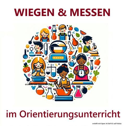 Wiegen und Messen im Orientierungsunterricht illustriert mit Zeichnungen von Menschen, die etwas wiegen, Zeit- oder Temperatur messen und mehr