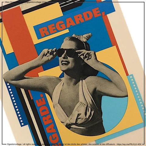 Série en cours... [ VINTAGE ] collage papiers sur papier, 40x30cm, 2025
Découpage et collage de papier issus de magazine années 50 et de divers papier couleurs unies orange, bleu, jaune. personnage en noir et blanc, femme avec ses lunette de soleil. Deux mots sont collés : regarde, regarde.