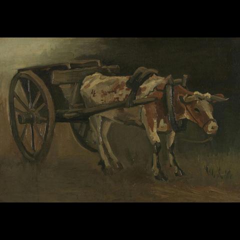 The artwork depicts a pair of oxen, one larger and more prominent, pulling a cart on an unpaved road. The style is characteristic of post-impressionism with visible brush strokes that add texture to the canvas. The color palette is muted with earth tones dominating the scene, and there’s a sense of movement conveyed through the positioning of the animals and the looseness of the strokes. The background is minimalistic with an open sky or a hint of the horizon line, suggesting a rural setting. There are no visible texts on the image.